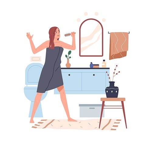 Happy funny woman singing with comb in hand in bathroom. Female imagining hair brush to be microphone. Person having fun after shower at home. Flat vector illustration isolated on white .