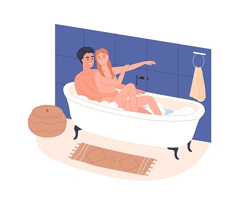 Love couple taking bath, relaxing in tub with foam, bubbles. Happy romantic man and woman resting together in bathtub in home bathroom. Flat vector illustration of lovers isolated on white .