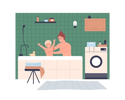 Mother and kid taking bath in home bathroom. Happy mom and boy child in bathtub together. Smiling woman and son toddler washing in tub with joy. Flat vector illustration isolated on white .