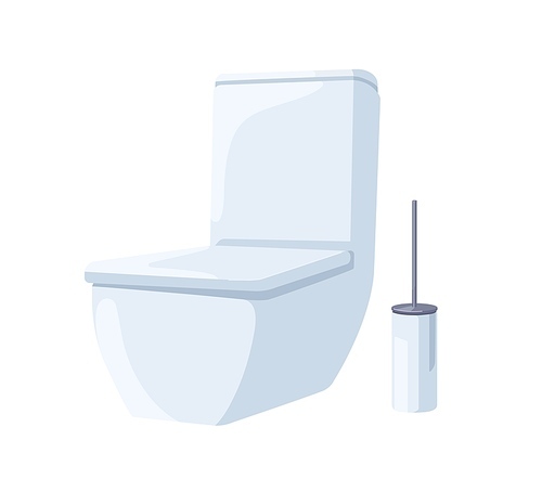 Ceramic toilet and brush stand. WC seat closed with lid. Water closet bowl with tank. Flush, clean sanitary unit. Lavatory, restrooms facility. Flat vector illustration isolated on white .