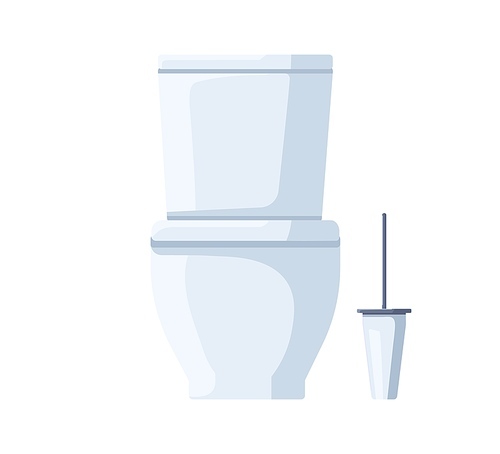 Ceramic toilet bowl with tank. Water closet seat with lid. WC sanitary unit and brush. Flush seat. Modern one-piece lavatory, washroom facility. Flat vector illustration isolated on white .