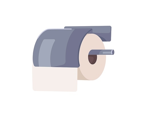 Toilet paper roll hanging on metal wall holder with cover. Sanitary tissue roller for WC. Hygiene napkins for restroom. Realistic flat vector illustration isolated on white .