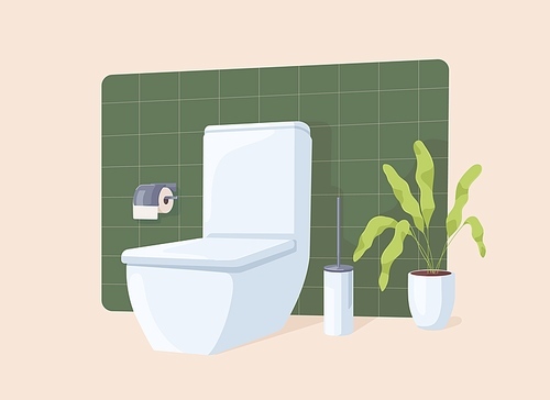 Restroom equipped with white ceramic toilet bowl, paper and brush. Clean modern WC with green plant isolated on beige . Flat vector illustration.