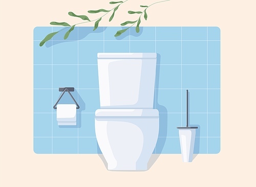 Clean modern WC with white ceramic toilet bowl, paper and brush. Front view of restroom with green plant isolated on beige . Water closet with blue wall tiles. Flat vector illustration.