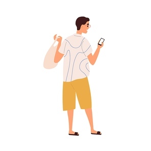 Man walking and holding mobile phone. Person using internet on smartphone on the go. Guy hold telephone, looking at cellphone screen and texting. Flat vector illustration isolated on white .