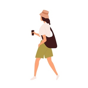 Woman walking with takeaway coffee cup in hands. Young modern person going and holding take-away tea mug. Female in casual clothes strolling. Flat vector illustration isolated on white .