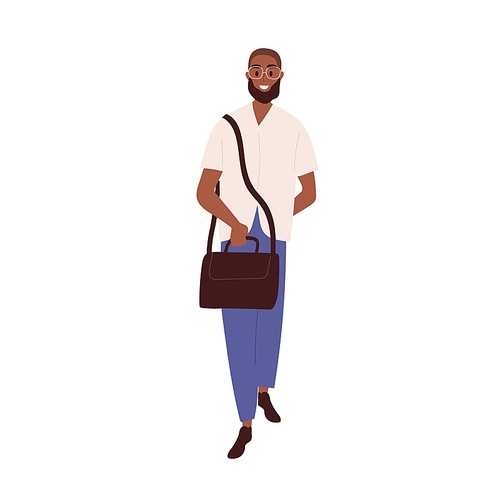 Happy black man full-length portrait. Modern young bearded person in glasses. Smiling African-American guy in casual clothes walking with bag. Flat vector illustration isolated on white .