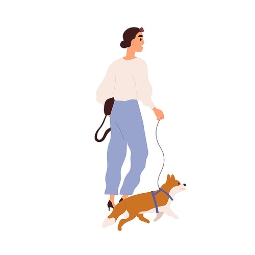 Modern woman walking with dog on leash. Stroll of young fashion lady leading doggy. Stylish female in heels going with corgi puppy. Flat vector illustration of passerby isolated on white .