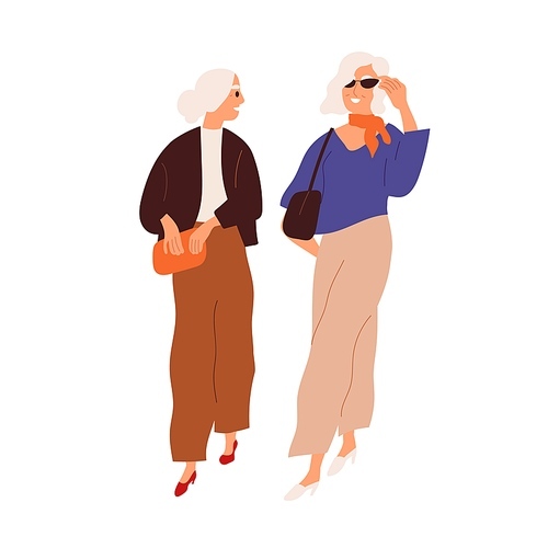 Modern senior women friends walking and talking together. Fashion elegant elderly gray-haired ladies strolling in stylish outfits and purses. Flat vector illustration isolated on white .