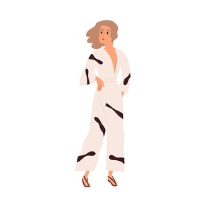 Modern woman in casual summer clothes. Female walking in fashion outfit, stylish overalls with neckline and sandals. Full-length portrait. Flat vector illustration isolated on white .