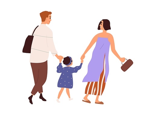 Happy family, parent and kid, walking and holding by hands together. Mother, father and daughter strolling. Adults and little girl child. Flat vector illustration isolated on white .