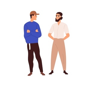 Men friends chatting. Young guys standing together and talking. Couple of males speaking to each other. Dialog and communication between people. Flat vector illustration isolated on white .