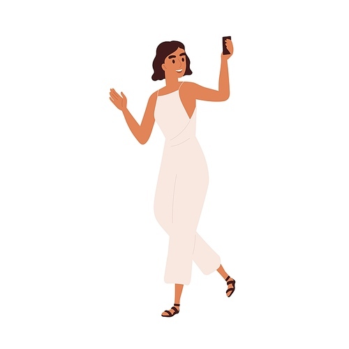 Happy woman walking and talking with mobile phone in hand. Person recording video on the go. Female holding smartphone and chatting online. Flat vector illustration isolated on white .