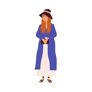 Modern woman in trendy casual clothes. Happy female wearing fashion summer outfit, panama hat, cardigan, pants, sandals and purse in hands. Flat vector illustration isolated on white .