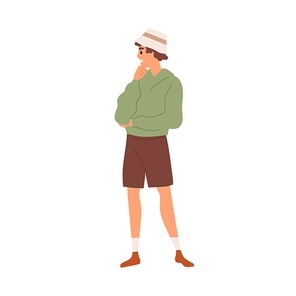 Young modern man in trendy casual clothes. Teenager wearing fashion panama hat, hoody and shorts. Summer outfit. Colored flat vector illustration isolated on white .