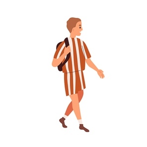 Happy boy walking. Smiling kid going, holding his backpack by strap. School child strolling with bag, wearing casual summer clothes, t-shirt and shorts. Flat vector illustration isolated on white.