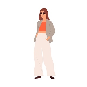 Modern woman in fashion casual clothes and sunglasses. Happy female wearing trendy outfit, jacket, trousers and top. Person with hands in pockets. Flat vector illustration isolated on white .