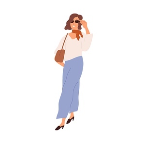 Modern mature woman wearing fashion clothes and sunglasses. Happy female walking in trendy outfit, neck scarf, blouse, trousers and bag. Flat vector illustration isolated on white .