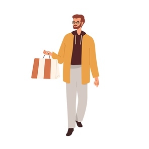 Young man going outdoors, carrying shopping bag. Person walking in casual clothes on street. Guy in glasses strolling with purchases. Flat vector illustration isolated on white .