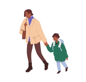 Mother and son walking. Mom holding kid by hand, bringing boy to school. Parent and child going together. Mum and elementary schoolboy. Flat vector illustration isolated on white .