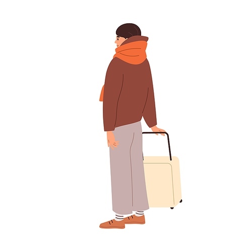 Tourist waiting with suitcase. Traveler standing with wheeled luggage. Woman passenger with baggage in hands. Person with travel bag outdoors. Flat vector illustration isolated on white .