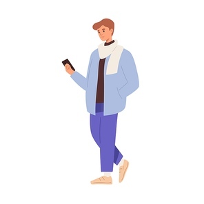 Young man using mobile phone on go. Person walking with smartphone in hand outdoors. Guy strolling and surfing internet. Cellphone user on street. Flat vector illustration isolated on white .