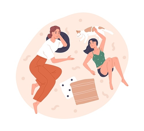 Happy mother and daughter talking. Good healthy parent-teen relationship concept. Mom and teenager girl relaxing, chatting, spend time together. Flat vector illustration isolated on white .