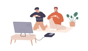 Happy father and son playing video game at home. Dad and teenager gamers with consoles. Parent and teen boy at TV at leisure time together. Flat vector illustration isolated on white .