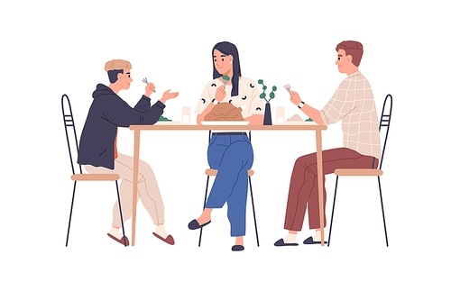 Parents and son teenager at family dinner, eating and talking at dining table. Happy mother, father and teen boy having meal together at home. Flat vector illustration isolated on white .