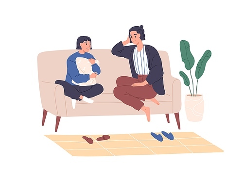 Mother and teen daughter talking. Mom and happy girl chatting together, sitting on sofa at home. Teenager and parent communication concept. Flat vector illustration isolated on white .