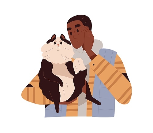 Black person charmed with cute funny cat. Pet owner holding adorable kitty. Happy man with amusing shaggy fluffy feline animal in hand. Flat vector illustration isolated on white .