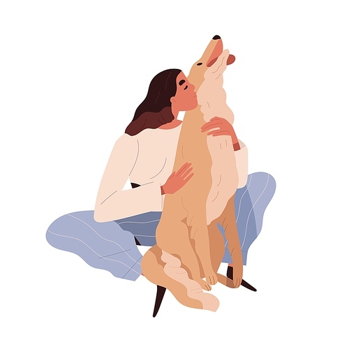 Person hugging dog with love. Pet owner and canine animal. Happy woman and affectionate doggy friend, companion. Affection and tenderness. Flat vector illustration isolated on white .