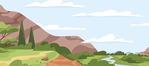 Countryside landscape with mountain cliff, grass, trees, river, sky horizon and clouds. Calm summer nature, panoramic view. Rural scenery panorama. Spring environment. Flat vector illustration.