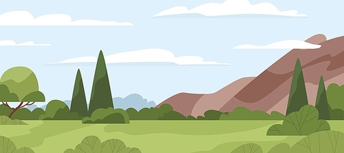 Country landscape with mountain, grass, trees, sky horizon and clouds. Summer scenery with green plants and rocks in valley, panoramic view. Rural environment, wild nature. Flat vector illustration.