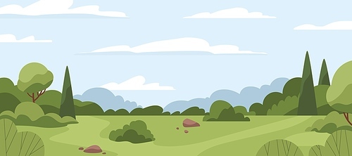 Countryside landscape with green grass, trees, sky horizon and clouds. Rural summer scenery with grassland, panoramic view. Calm nature panorama. Country environment. Flat vector illustration.