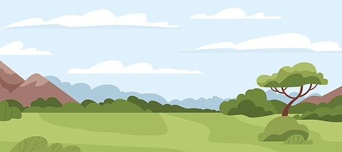 Landscape panorama with green grass, trees, mountains, sky horizon and clouds. Countryside summer nature with grassland and skyline. Valley with plants, rural scenery. Flat vector illustration.