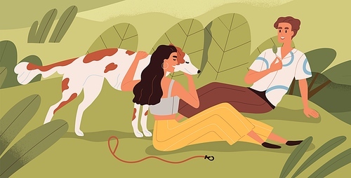 Couple and dog relaxing in nature on summer holidays. Happy man and woman resting outdoors with doggy. People sitting on grass with pet, canine animal at leisure time. Flat vector illustration.