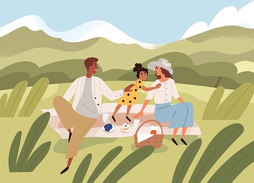 Family with kid on summer picnic. Happy biracial parents and child relaxing on blanket on grass in nature. Mother, father and daughter resting together outdoors on holidays. Flat vector illustration.