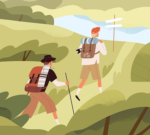 Man hikers with backpacks trekking. Backpackers hiking, walking during adventure in nature. Journey on summer holidays. Friends travel on foot. Tourists outdoors on vacation. Flat vector illustration.