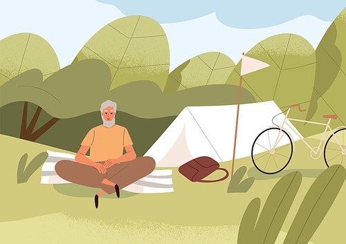 Man alone in nature on summer holidays. Tourist relaxing in camping, resting near tent outdoors. Person traveler on peaceful summertime vacation in wilderness in solitude. Flat vector illustration.