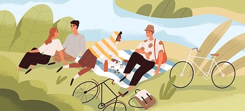 Happy people relaxing on summer picnic in nature. Friends with bikes resting outdoors by water, sitting on blanket on riverbank. Men and women on summertime vacation. Flat vector illustration.