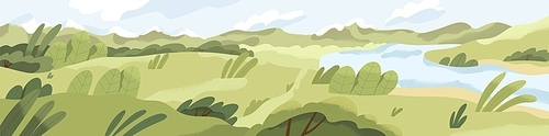 Summer landscape with grass and water. Rural nature panorama with river, green field and sky horizon. Countryside scene, panoramic view. Peaceful country scenery. Colored flat vector illustration.