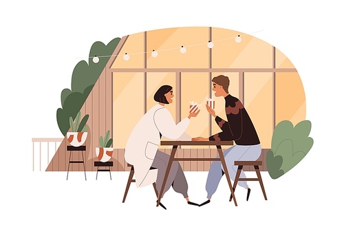 Love couple exchange gifts at cafe table outdoor. Happy man and woman with holiday presents on date. Lovers, valentines in romantic relationships. Flat vector illustration isolated on white .