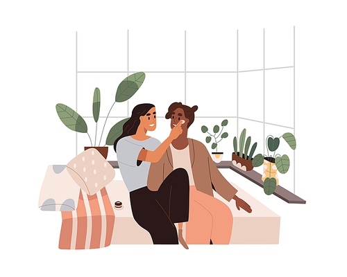 Lesbian love couple relaxing on bed. Biracial women and beauty routine at home girl party. Romantic homosexual girlfriends. Female friends. Flat vector illustration isolated on white .
