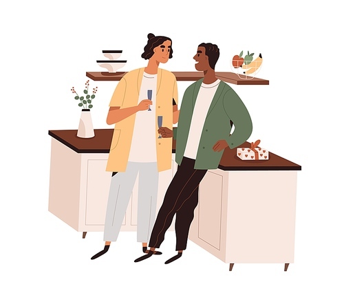 Romantic love couple celebrating holiday at home. Homosexual biracial men with wine glasses. Happy male partners relaxing in evening. Flat graphic vector illustration isolated on white .