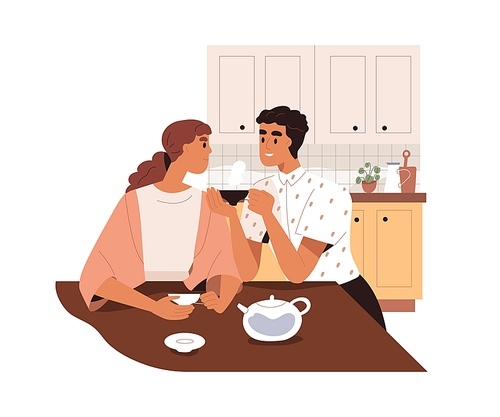 Love couple drinking tea at home kitchen. Happy romantic married man and woman. Husband and wife in cosy homey apartment, talking and relaxing. Flat vector illustration isolated on white .