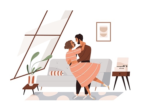 Love couple dancing and hugging at home. Happy man and woman on date in living room. Lovers in romantic relationships. Wife and husband indoors. Flat vector illustration isolated on white .