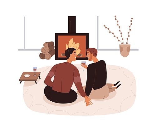 Love couple relax on romantic date at home. Homosexual men with wine by fireplace in living room. Happy gay partners in cosy apartment in evening. Flat vector illustration isolated on white .
