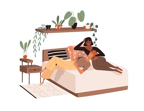 Lesbian love couple lying on bed at home. Women, romantic homosexual partners relaxing in bedroom together. Biracial girlfriends talking. Flat graphic vector illustration isolated on white .