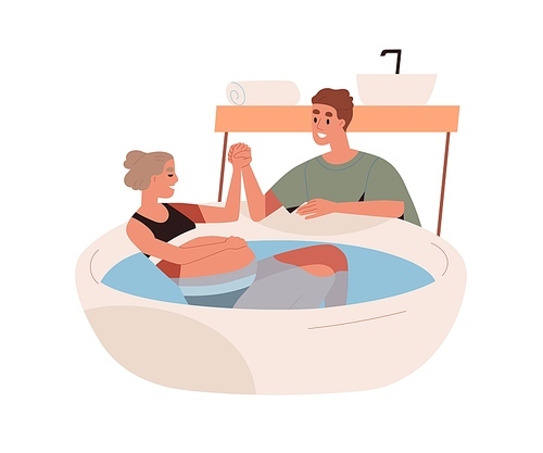 Pregnant woman at water birth, labor at home. Husband supporting wife during baby delivery in bath tub. Partner helping in natural childbirth. Flat vector illustration isolated on white .